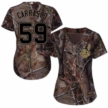 Women's Majestic Cleveland Guardians #59 Carlos Carrasco Authentic Camo Realtree Collection Flex Base MLB Jersey