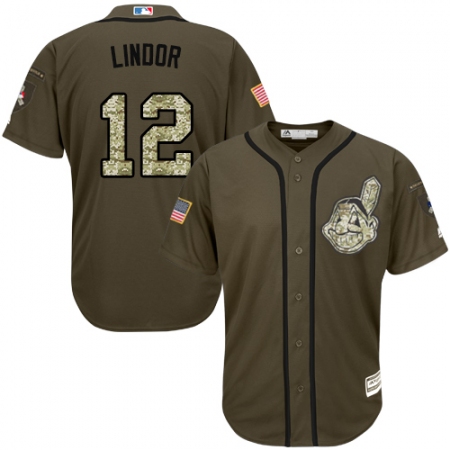 Men's Majestic Cleveland Guardians #12 Francisco Lindor Replica Green Salute to Service MLB Jersey