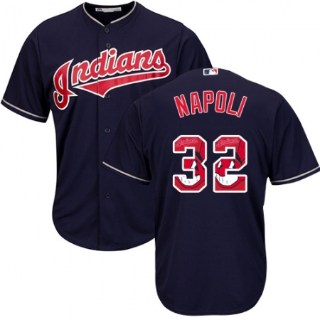 Men's Majestic Cleveland Guardians #32 Mike Napoli Authentic Navy Blue Team Logo Fashion Cool Base MLB Jersey