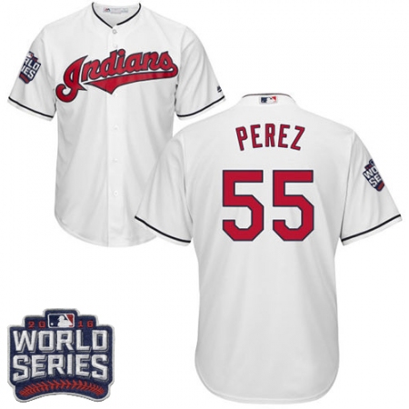 Youth Majestic Cleveland Guardians #55 Roberto Perez Authentic White Home 2016 World Series Bound Cool Base MLB Jersey
