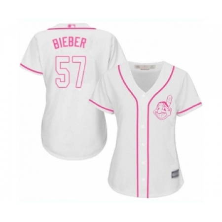 Women's Cleveland Guardians #57 Shane Bieber Authentic White Fashion Cool Base Baseball Jersey