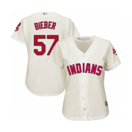 Women's Cleveland Guardians #57 Shane Bieber Authentic White Home Cool Base Baseball Jersey