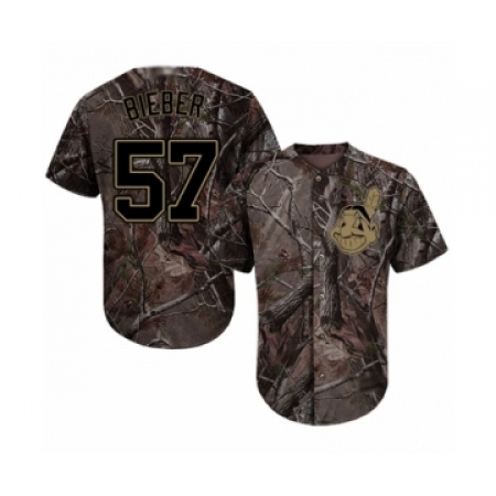 Youth Cleveland Guardians #57 Shane Bieber Authentic Camo Realtree Collection Flex Base Baseball Jersey