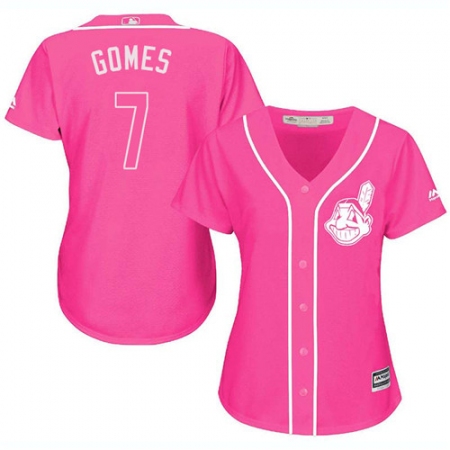 Women's Majestic Cleveland Guardians #7 Yan Gomes Authentic Pink Fashion Cool Base MLB Jersey